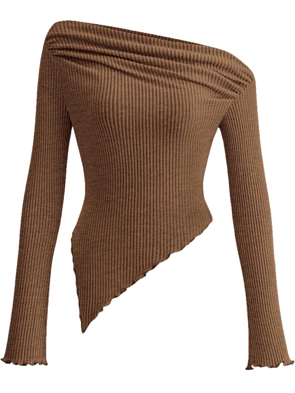 Women's Asymmetric Off-Shoulder Ribbed Sweater - Brown